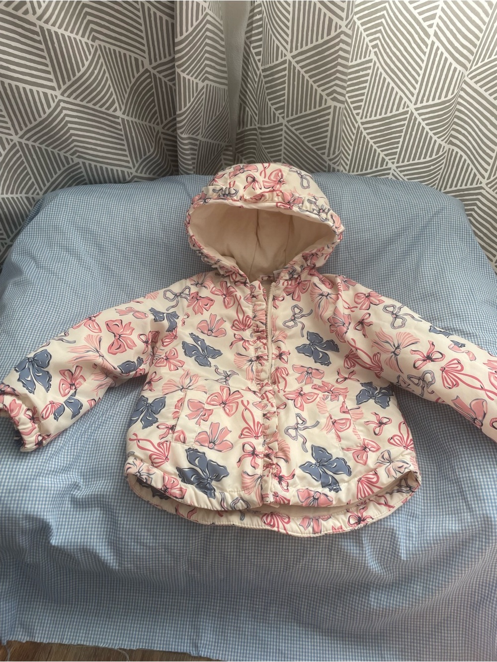 Girls' Hooded Bow print Puffer Jacket - Pink & Blue